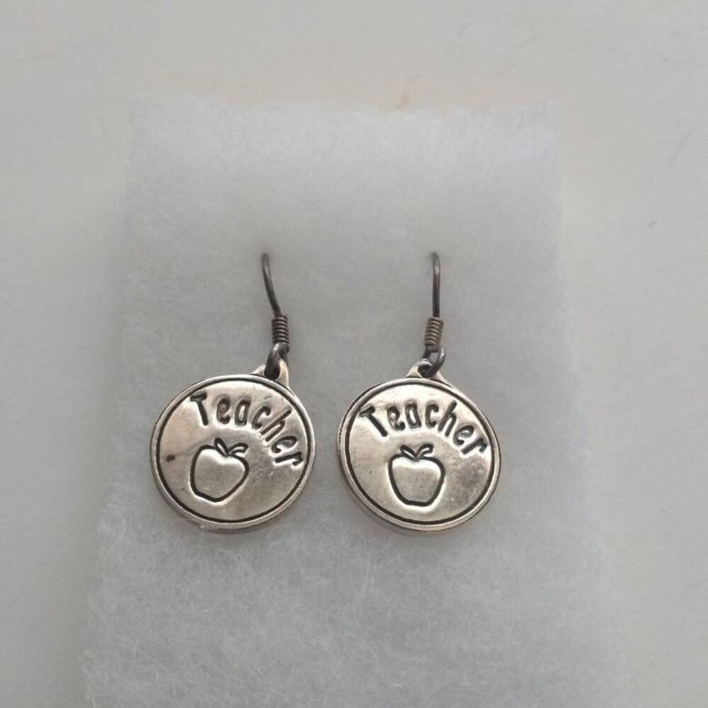 Silver Teacher Apple Drop Earrings Vintage Antique jewelry woman wife lady girls